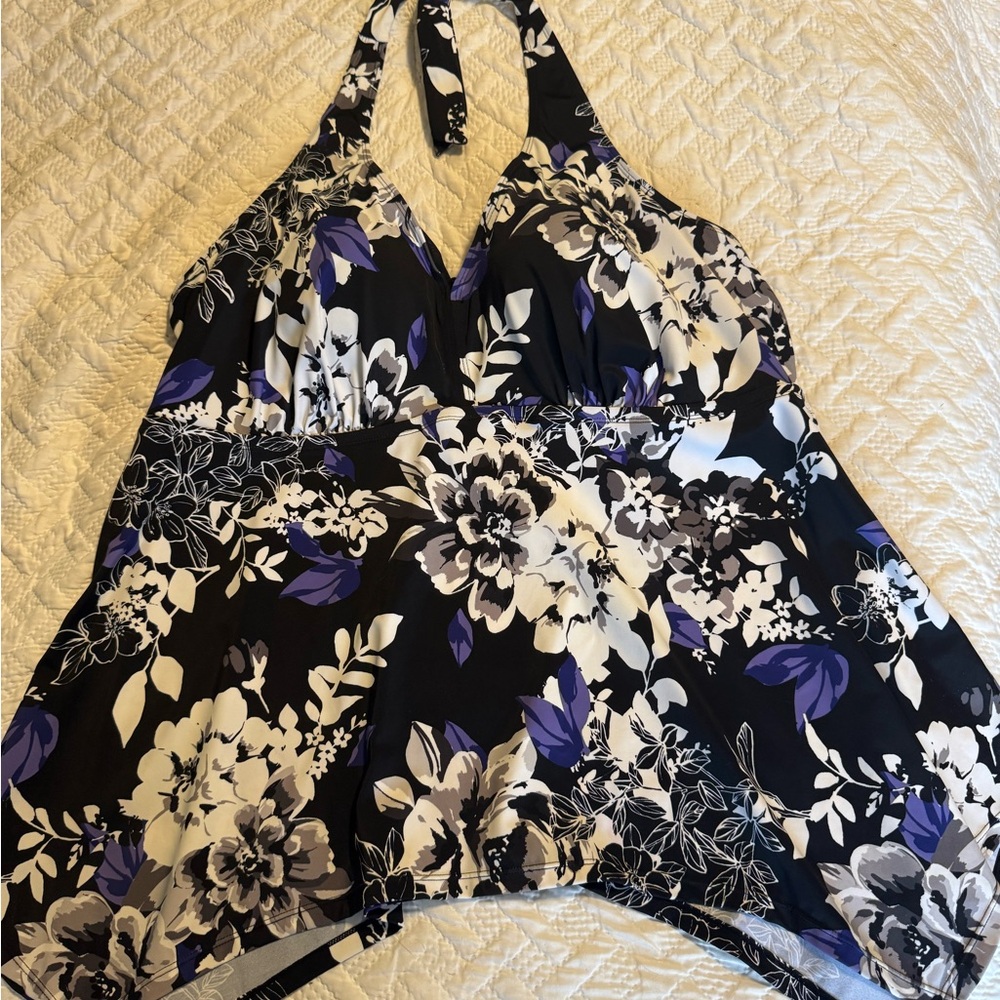 Floral Halter Swim Blouse - Black and Purple